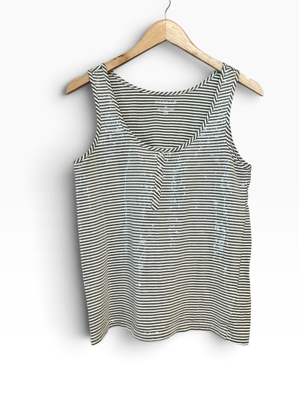 Hannah Striped Sequin Scoop Neck Henley Tank Top Size Medium Gray White